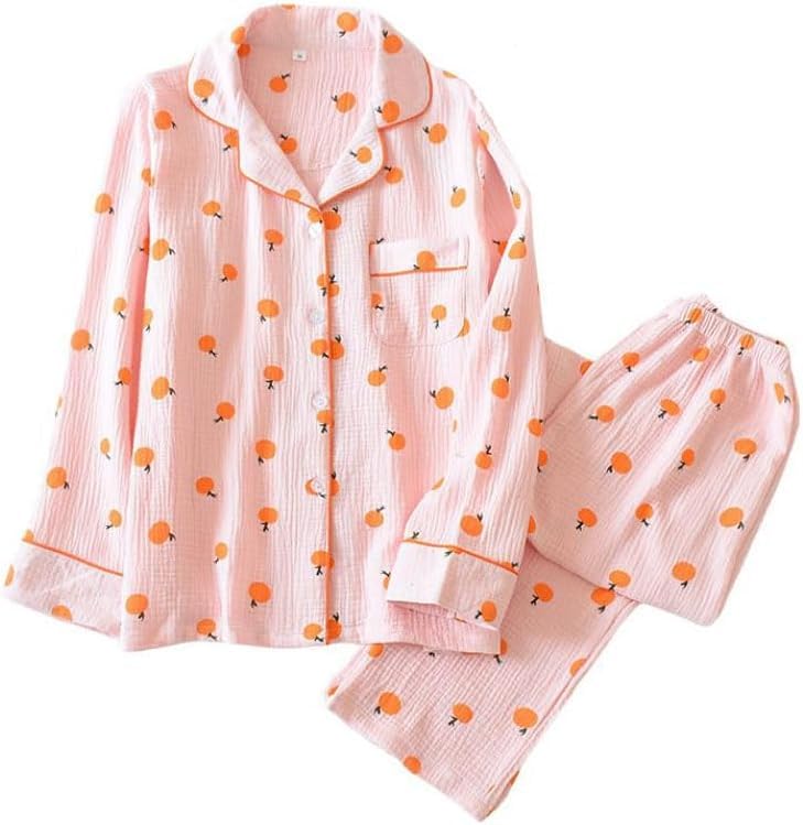 codcm Womens Cotton Gauze Pajama Set Long Sleeve Button Up Shirt and Pants 2 Piece Cute Printed Pj Set - Image 1