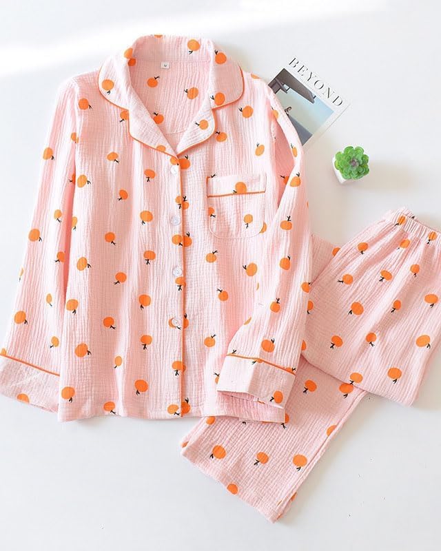codcm Womens Cotton Gauze Pajama Set Long Sleeve Button Up Shirt and Pants 2 Piece Cute Printed Pj Set - Image 2