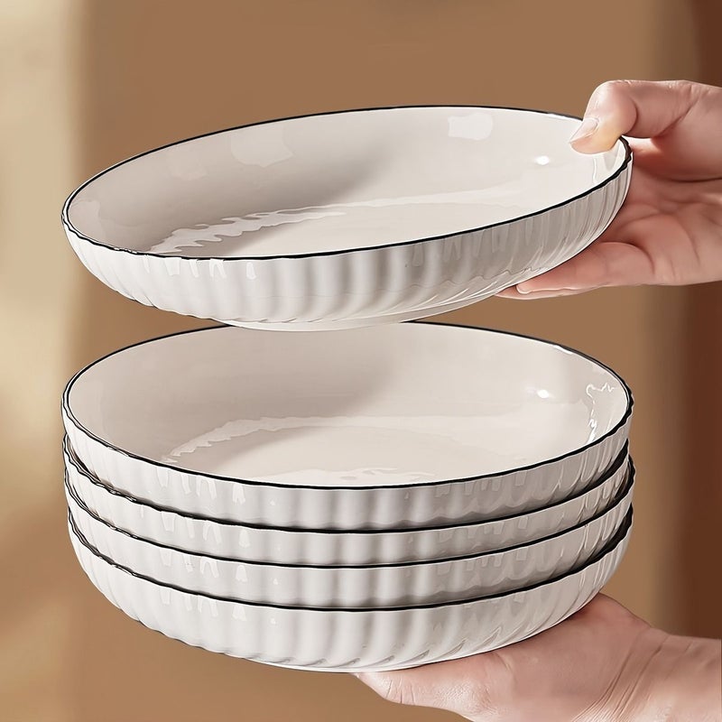 Set Of 4 White Ceramic Dinner Plates With Black Rim 8 Inch Round - Image 1