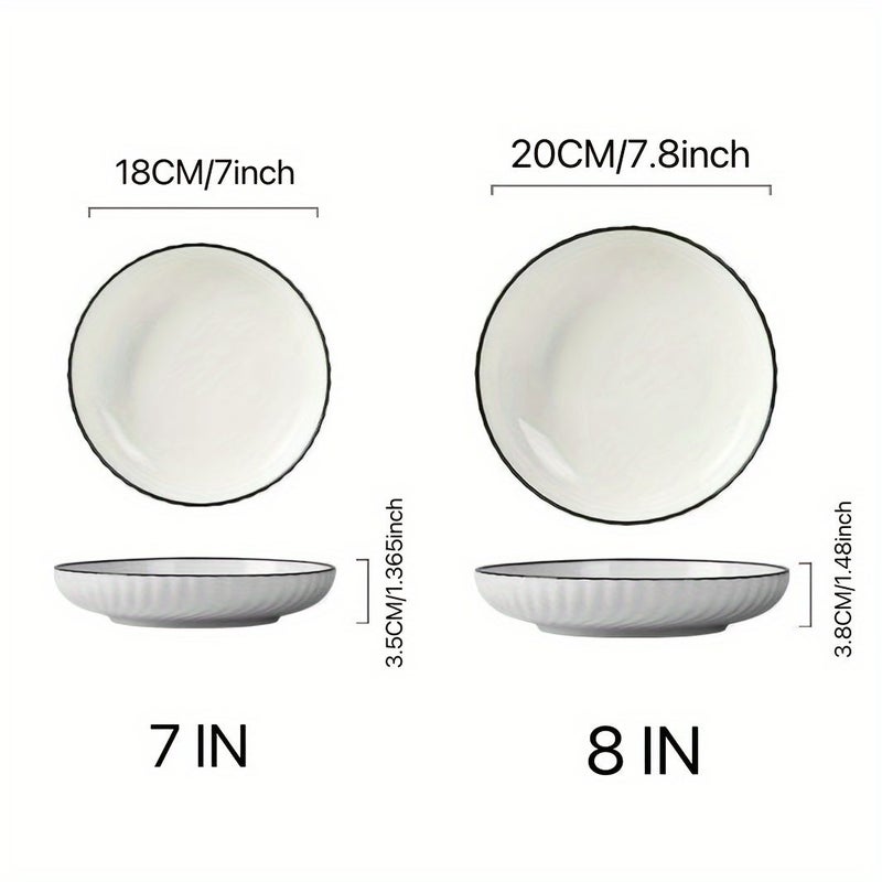 Set Of 4 White Ceramic Dinner Plates With Black Rim 8 Inch Round - Image 4