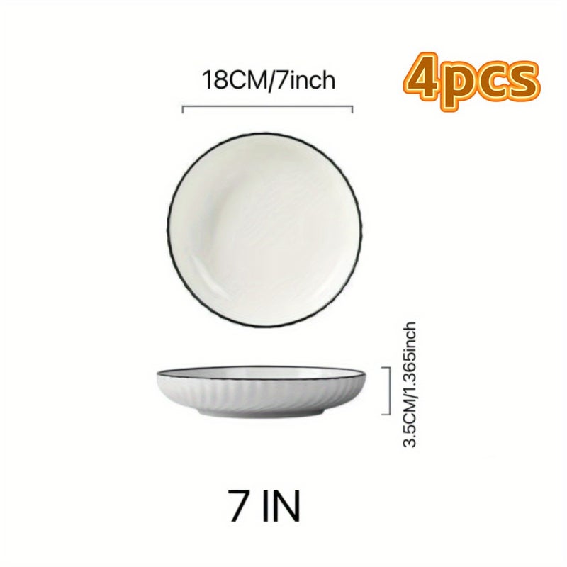 Set Of 4 White Ceramic Dinner Plates With Black Rim 8 Inch Round - Image 3