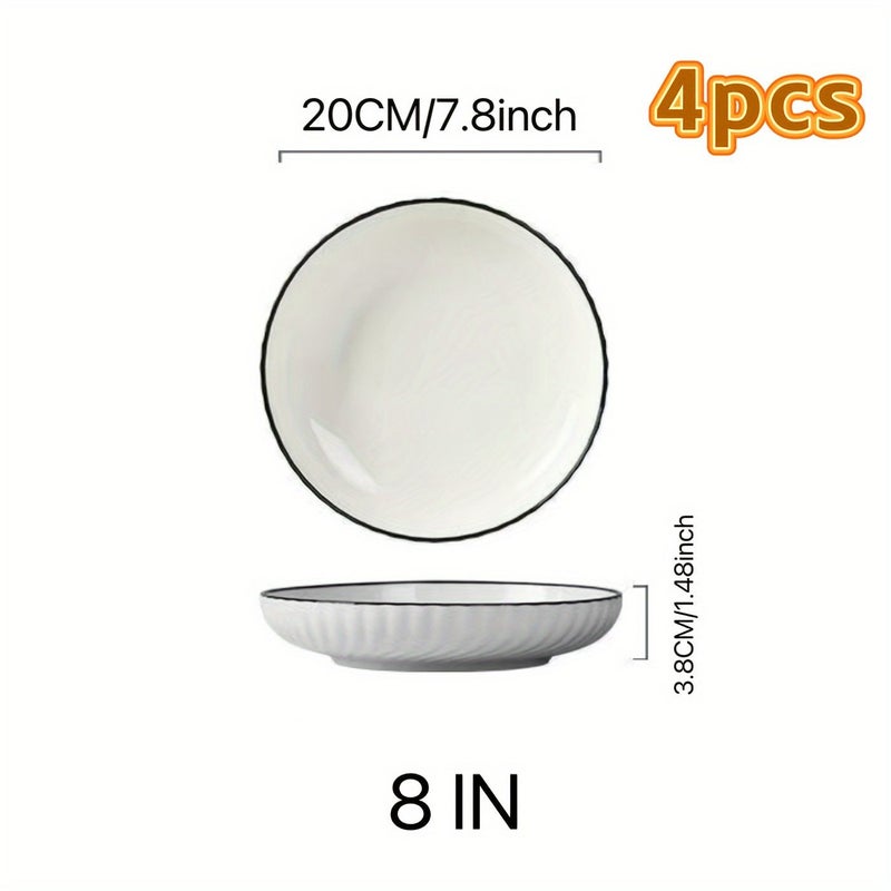 Set Of 4 White Ceramic Dinner Plates With Black Rim 8 Inch Round - Image 5