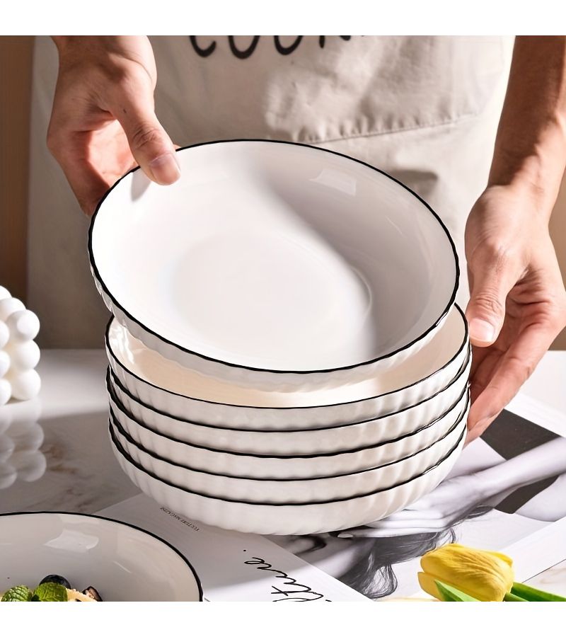 Set Of 4 White Ceramic Dinner Plates With Black Rim 8 Inch Round - Image 2
