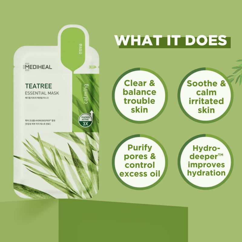 Mediheal Best Korean Sheet Mask - Tea Tree Essential Face Mask 10 Sheets For All Skin Types Korean Best Sheet Mask Soothing Calming - Image 2