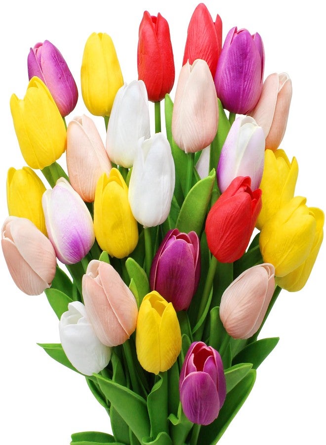 Pseutio 30pcs Multicolor Flowers Artificial Tulip Stems Real Feel PU Tulips for Easter Spring Wreath Wedding Bouquet Centerpiece Floral Arrangement Cemetery Table Décor 13" Tall - Image 1
