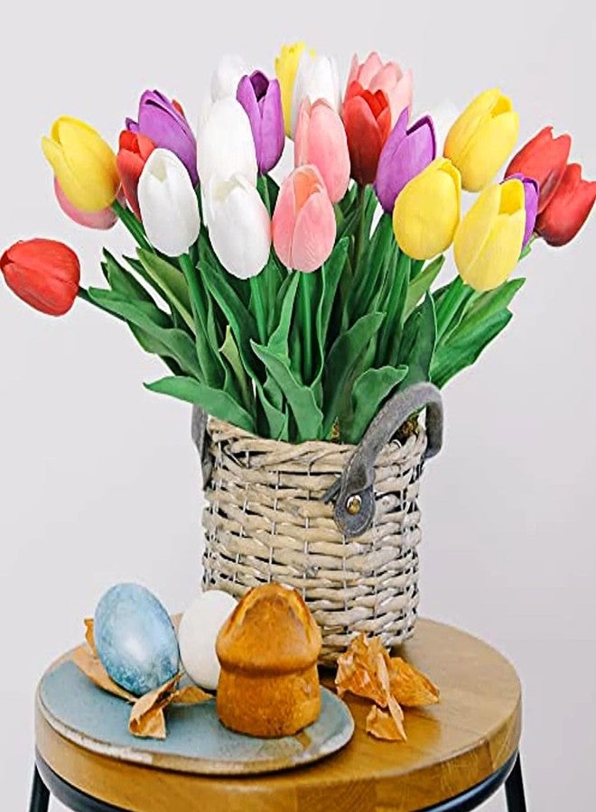 Pseutio 30pcs Multicolor Flowers Artificial Tulip Stems Real Feel PU Tulips for Easter Spring Wreath Wedding Bouquet Centerpiece Floral Arrangement Cemetery Table Décor 13" Tall - Image 4
