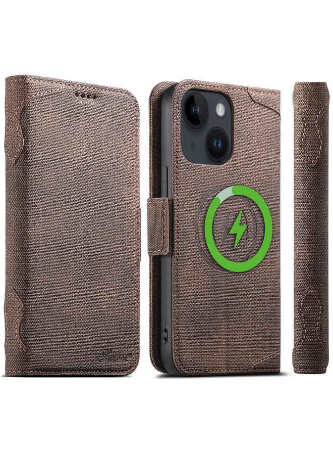 Suteni Case For iPhone 14 Plus J07 Multi-functional Horizontal MagSafe Denim Leather Phone Case - Image 1