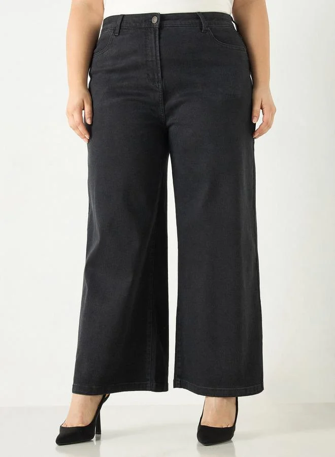 Ulla Popken Plus Size Ulla Popken Solid Wide Leg Jeans with Pockets