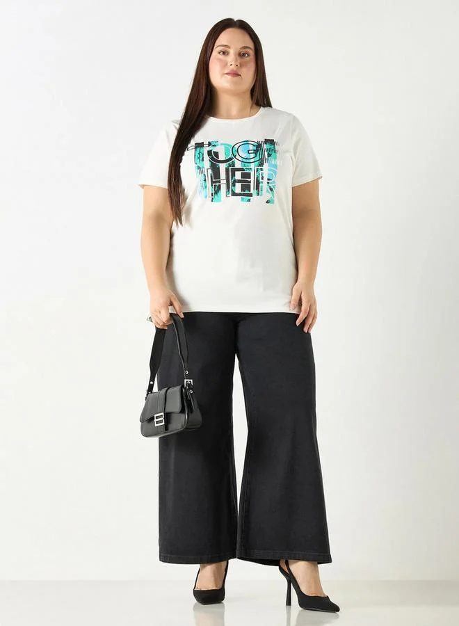 Ulla Popken Plus Size Ulla Popken Solid Wide Leg Jeans with Pockets