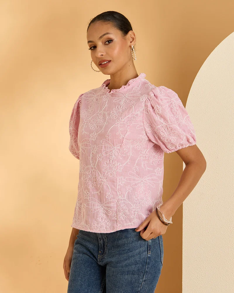 Redtag Women Pink Embroidered Blouse