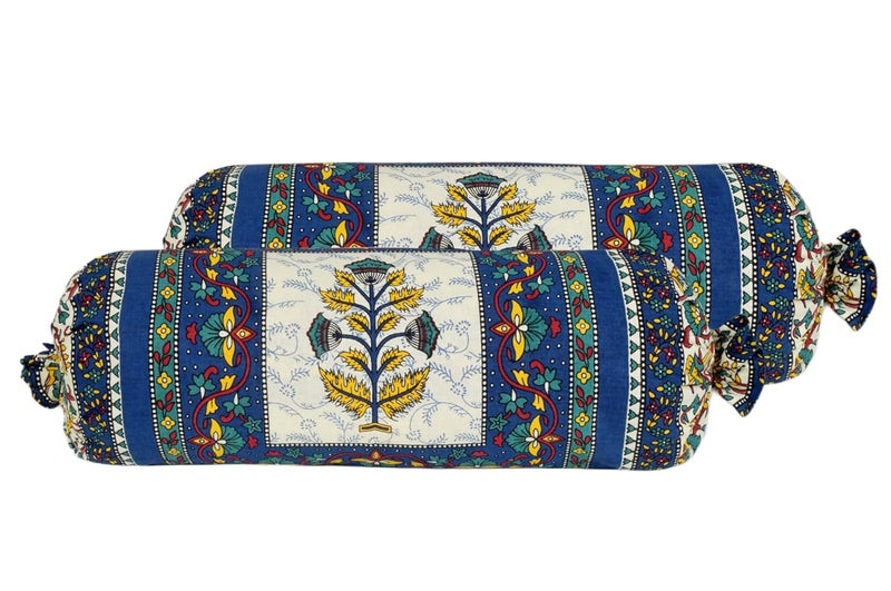 AMLEXTTRIZ Special Flora Print Bolster Cover 100 Pure Cotton Set of 2 Round Decorative Pillow Cover for Diwan Bed Side Long Pillow Case Masand Pillowcases 16x32 Inch Blue - Image 2