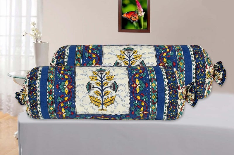 AMLEXTTRIZ Special Flora Print Bolster Cover 100 Pure Cotton Set of 2 Round Decorative Pillow Cover for Diwan Bed Side Long Pillow Case Masand Pillowcases 16x32 Inch Blue - Image 1