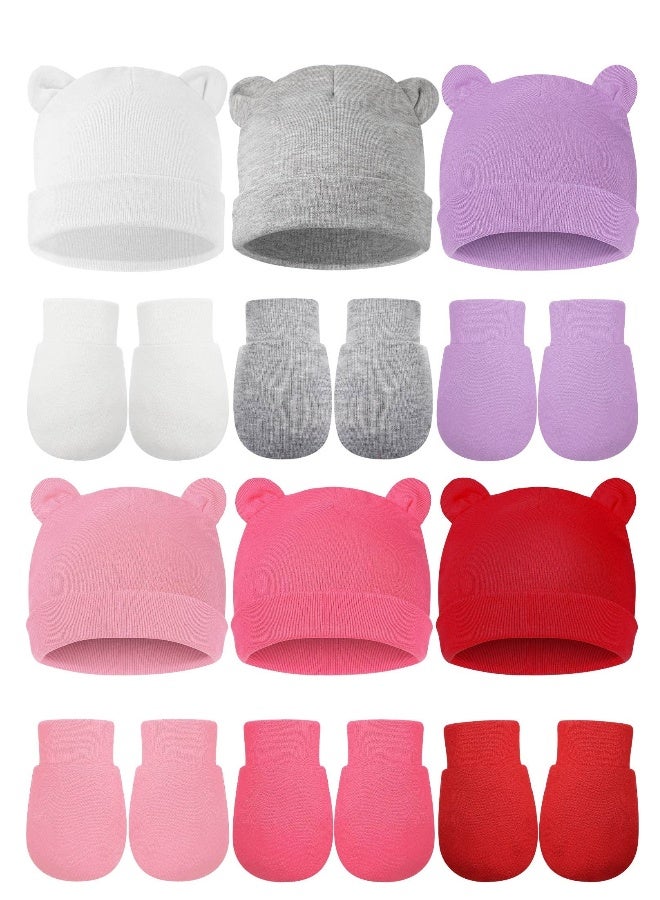 Baby Fetal Cap Gloves Set, 6 Sets Newborn Cute Cotton Hospital Hat Mittens Baby Beanie Maternity Birth Accessories (White, Gray, Pink, Rose Red, Purple, Red)  - Image 1