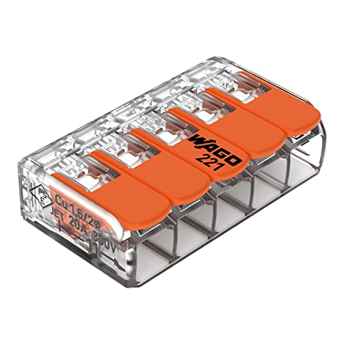 Wago 221-415 | موصل WAGO Lever-Nuts® للتوصيل | للموصلات الصلبة والمجعدة | 5 موصلات مع أذرع تشغيل | 24-12 AWG | هيكل شفاف | [علبة تحتوي على 25 قطعة] - Image 1