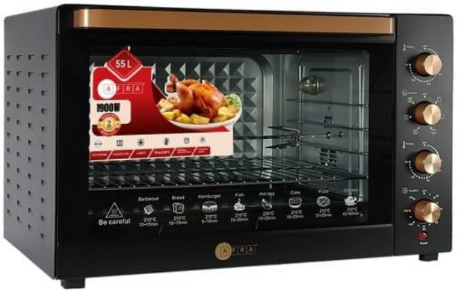 AFRA Electric Oven Toaster, 55L, 1900w Convection Rotisserie & Oven Lamp, 4 Knobs Tray, Rack, Handle, 7-Functions control, Adjustable Thermostat 70 to 250C, AF-5519OTBK, 2-Year Warranty - Image 2