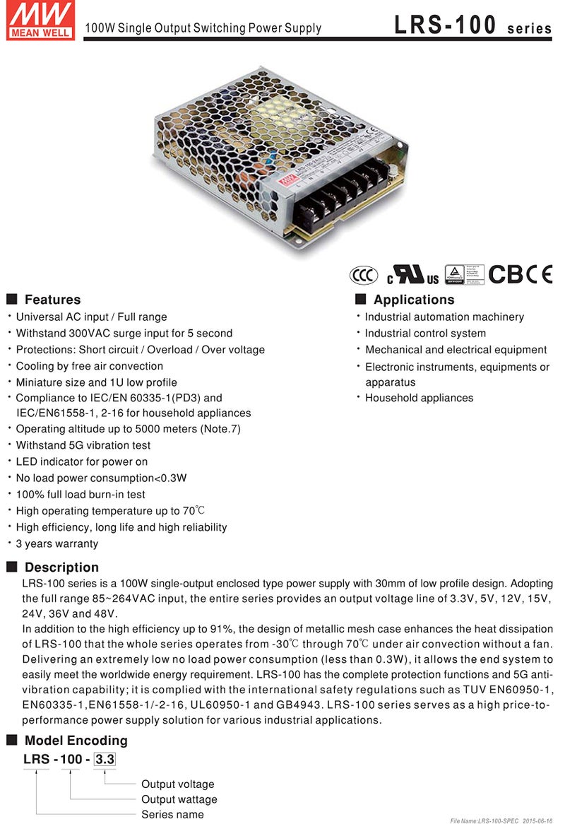 MEAN WELL MW Mean Well LRS-100-15 15V 7A Enclosed-LRS Switching Power Supplies - Image 2