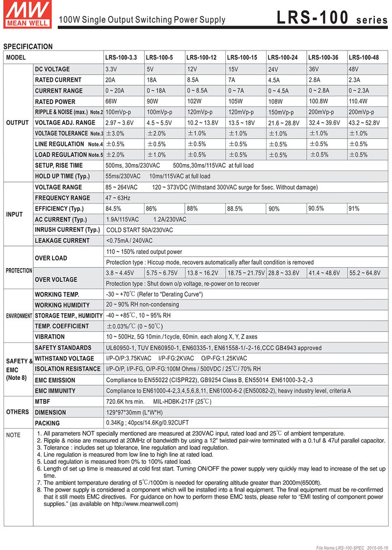 MEAN WELL MW Mean Well LRS-100-15 15V 7A Enclosed-LRS Switching Power Supplies - Image 3