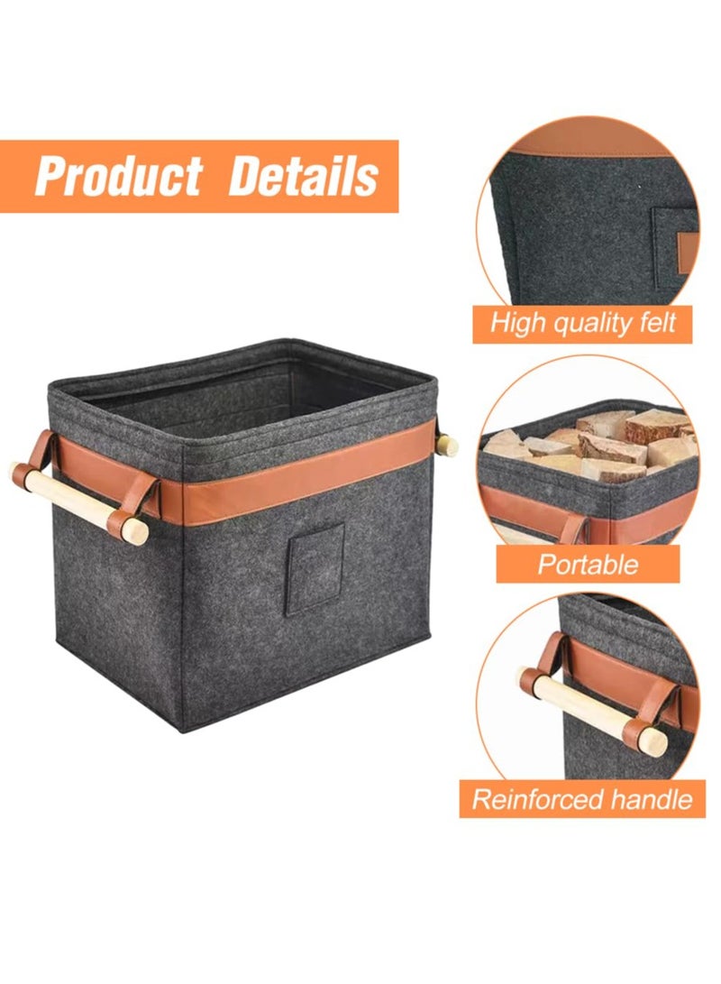 Firewood Basket Felt Basket Multifunctional Extra Thick Felt Reinforced Handle Foldable Wood Basket Felt Bag as Storage Basket for Shopping (Black) - Image 3
