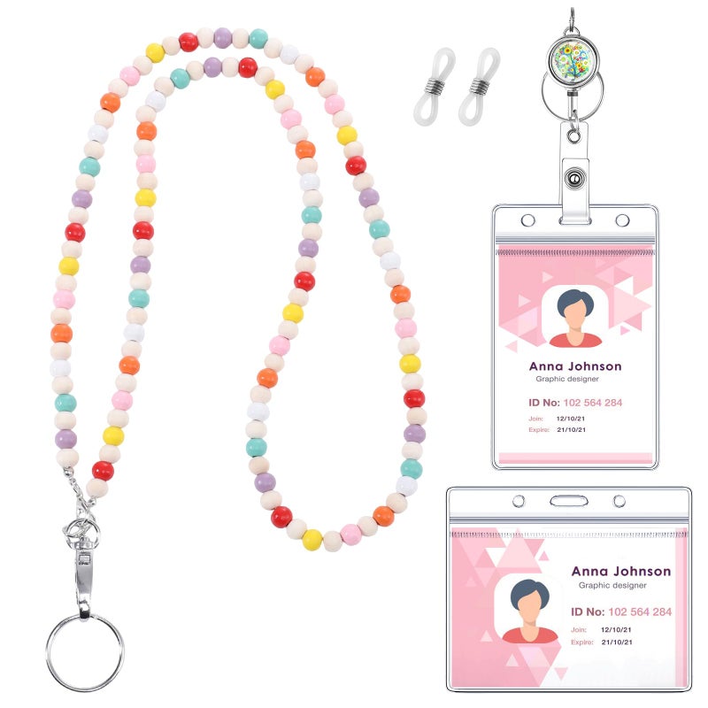 WSICSE Beaded Lanyard for ID Badges Wooden Teacher Lanyard with ID Holder for Eyeglasses Chains Badge Lanyards Teacher Gift - Image 1