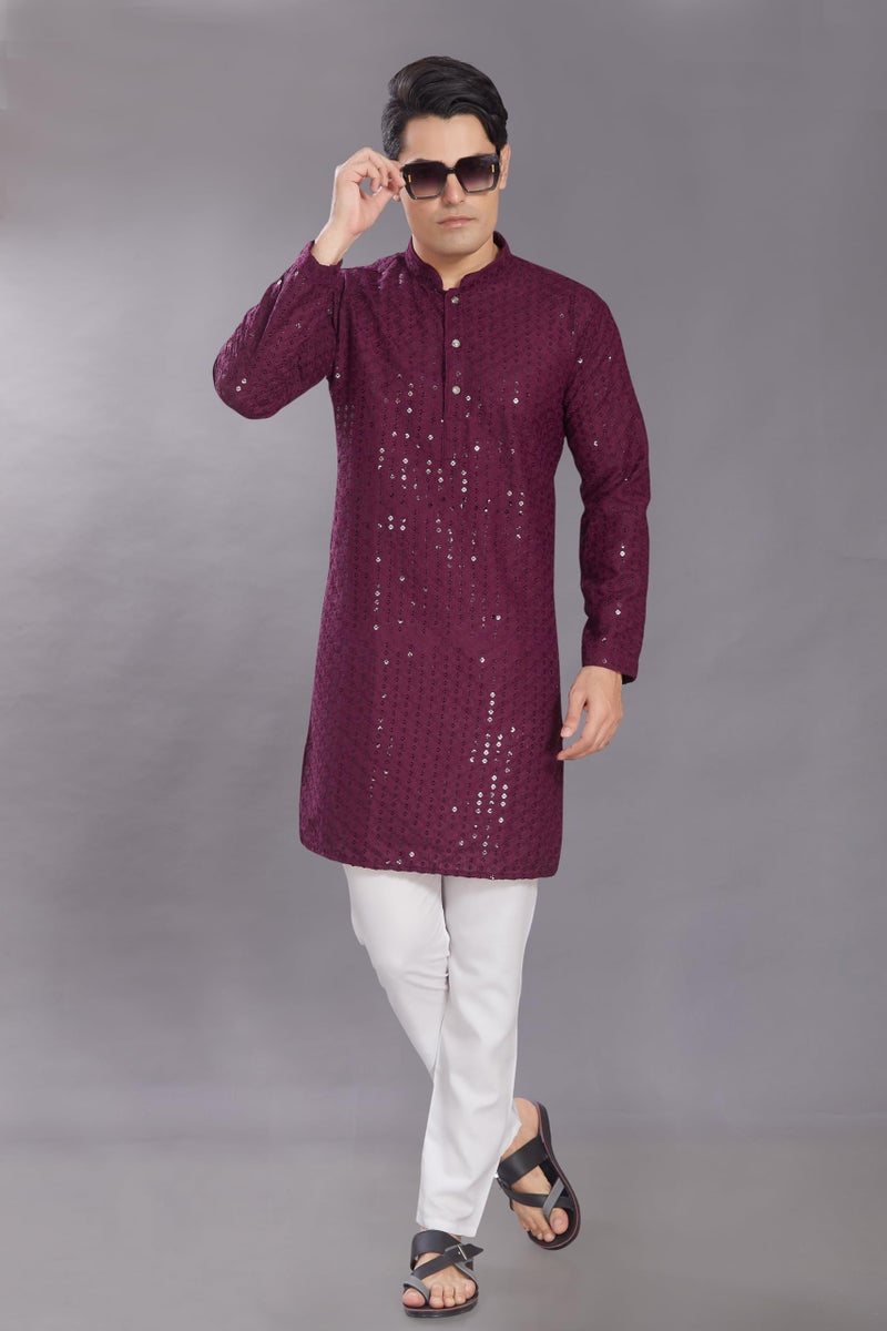 DIVISIVE Men's Sequince Embroidered Cotton Blend Only Slim Fit Kurta (DKRT574_L_Burgundy) - Image 2