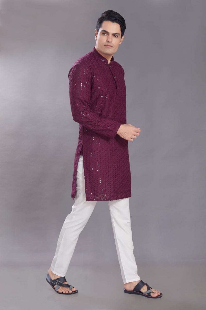 DIVISIVE Men's Sequince Embroidered Cotton Blend Only Slim Fit Kurta (DKRT574_L_Burgundy) - Image 3