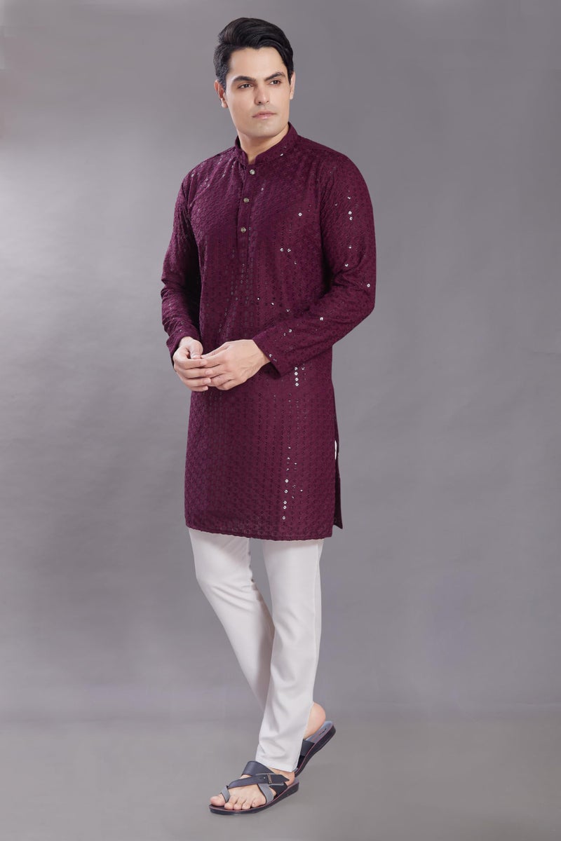 DIVISIVE Men's Sequince Embroidered Cotton Blend Only Slim Fit Kurta (DKRT574_L_Burgundy) - Image 4