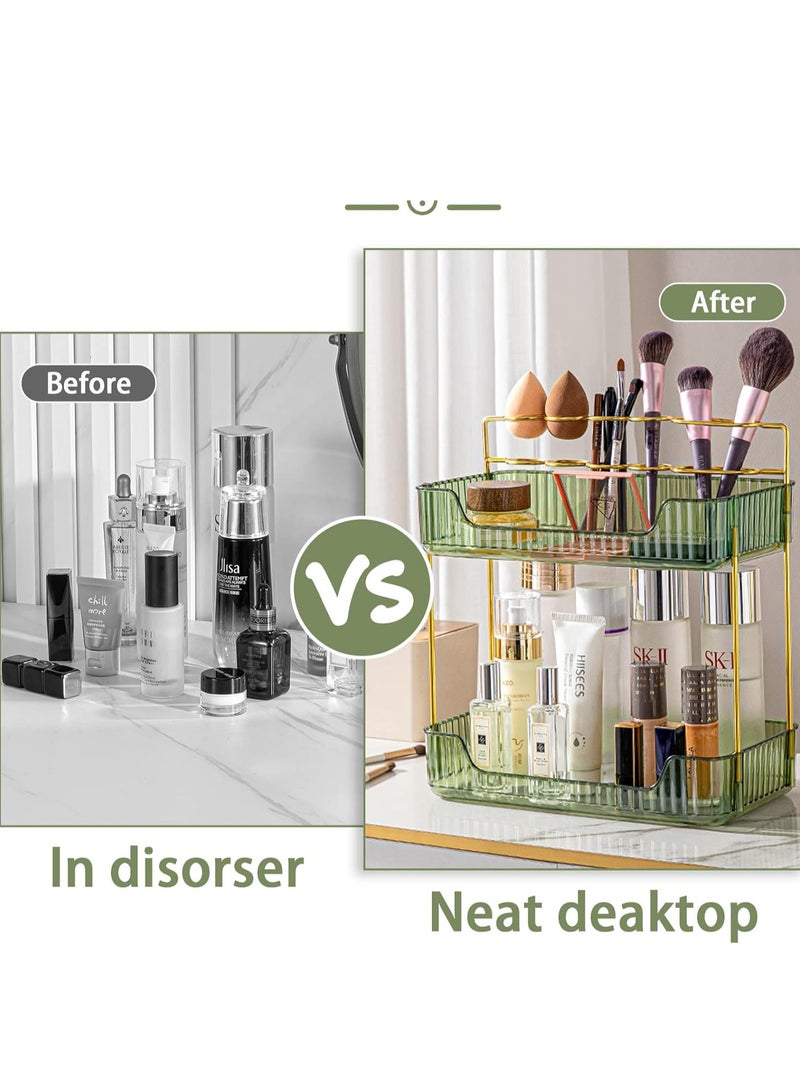 شاربدو منظم عداد الحمام بطبقتين، منظم سطح الطاولة للعناية بالبشرة، منظم حامل فرش المكياج، صواني العطور لخزانة الملابس وحاملي فرشاة الأسنان للحمامات - Image 4