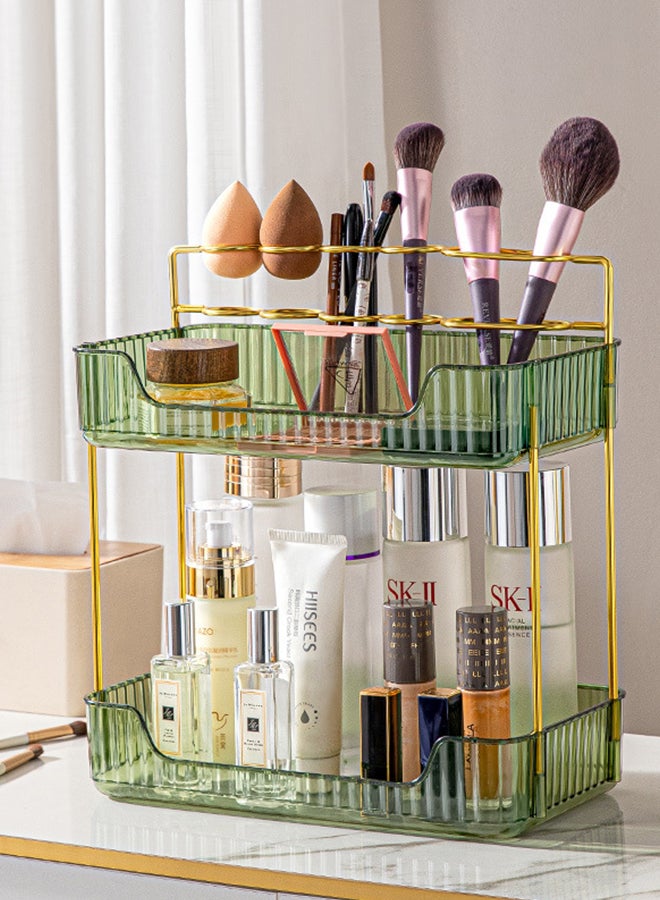 شاربدو منظم عداد الحمام بطبقتين، منظم سطح الطاولة للعناية بالبشرة، منظم حامل فرش المكياج، صواني العطور لخزانة الملابس وحاملي فرشاة الأسنان للحمامات - Image 1