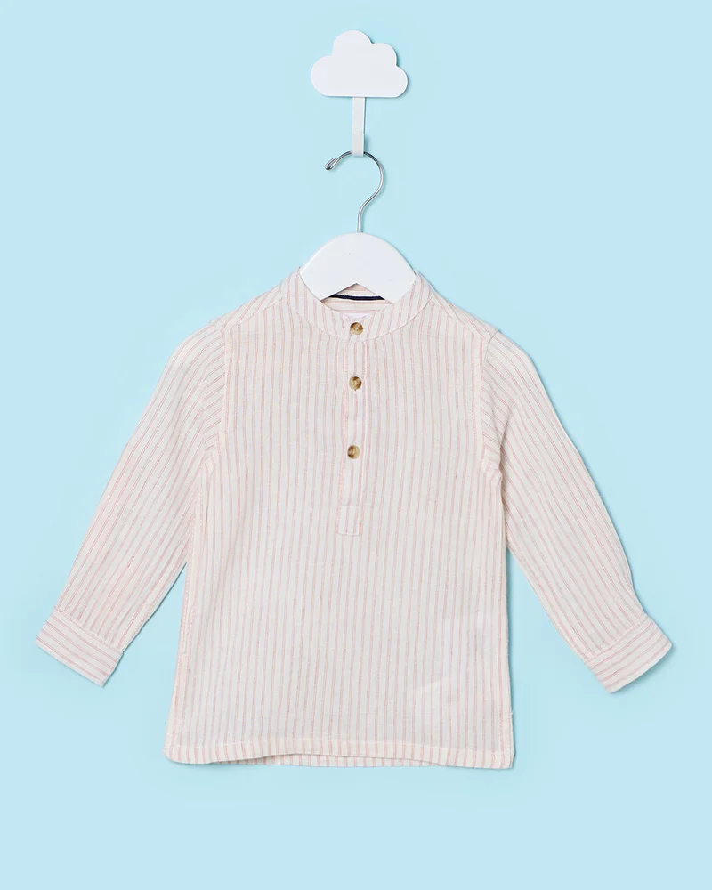 Redtag Infant Boys Cream Striped Mandarin Linen Long Sleeve Shirt