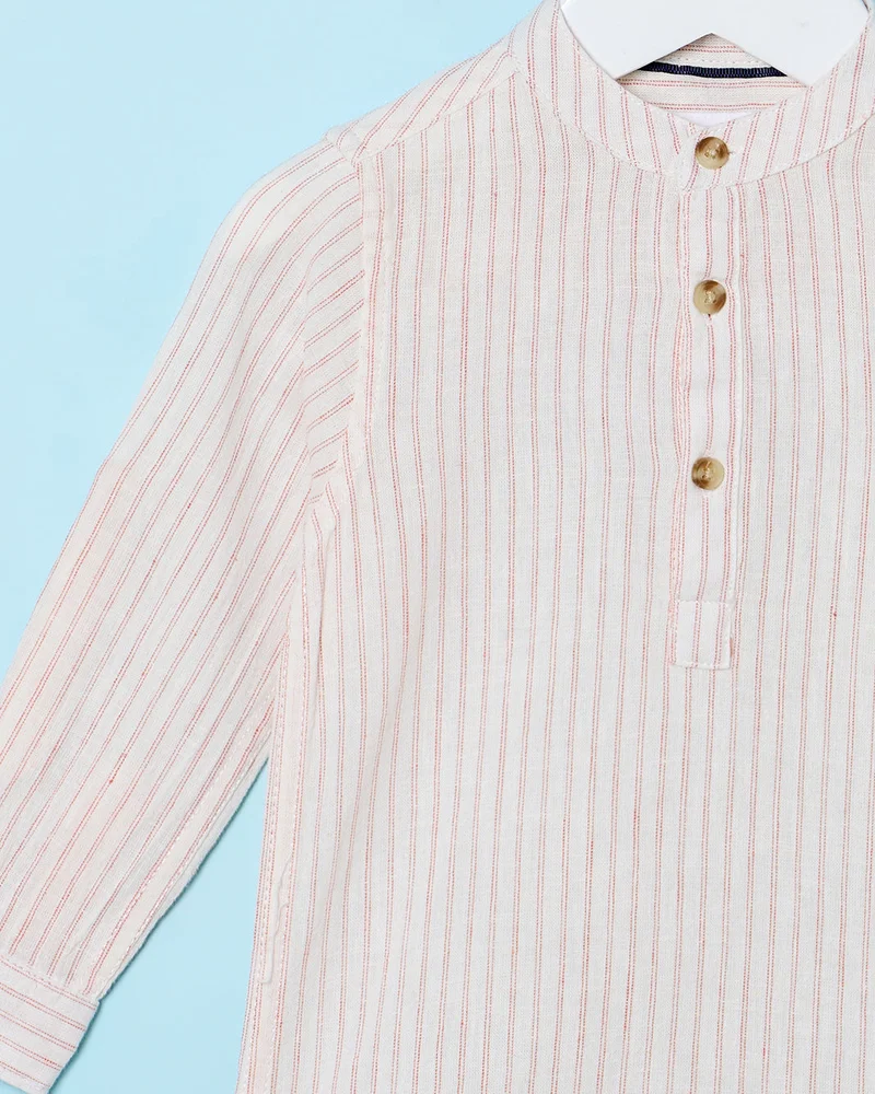 Redtag Infant Boys Cream Striped Mandarin Linen Long Sleeve Shirt