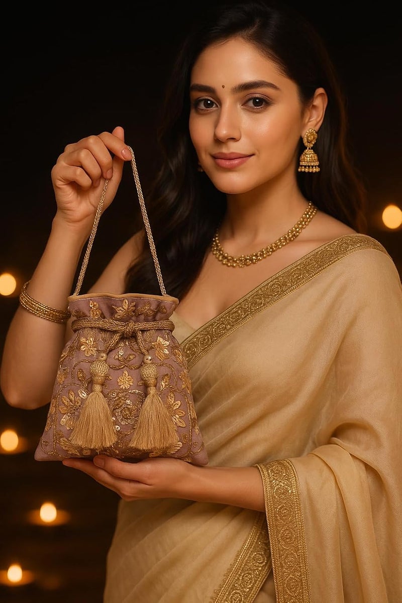 MASQ by Q-One Embroidered Silk Potli Bags - Handcrafted for Weddings, Festive Season & Special Occasions with Beads and Sequins - Made in India - Image 4
