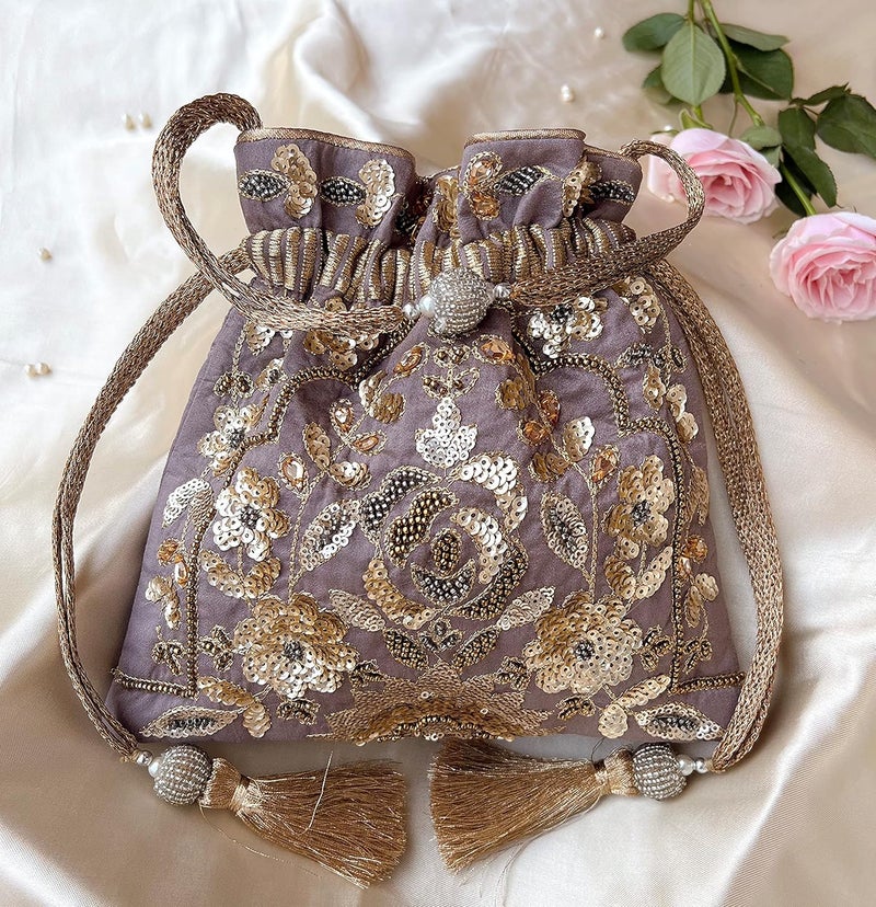 MASQ by Q-One Embroidered Silk Potli Bags - Handcrafted for Weddings, Festive Season & Special Occasions with Beads and Sequins - Made in India - Image 5