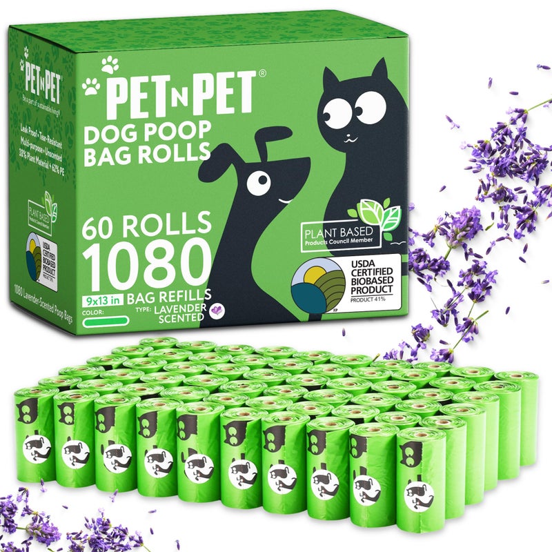 PET N PET أكياس براز للكلاب من بيت ن بيت 1080 عد، 41% من النباتات و59% من البولي إيثيلين، أكياس براز سميكة إضافية، 9" × 13"، برائحة اللافندر - Image 1