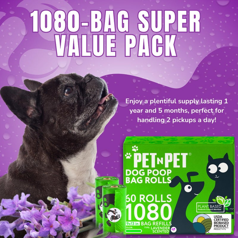 PET N PET أكياس براز للكلاب من بيت ن بيت 1080 عد، 41% من النباتات و59% من البولي إيثيلين، أكياس براز سميكة إضافية، 9" × 13"، برائحة اللافندر - Image 4