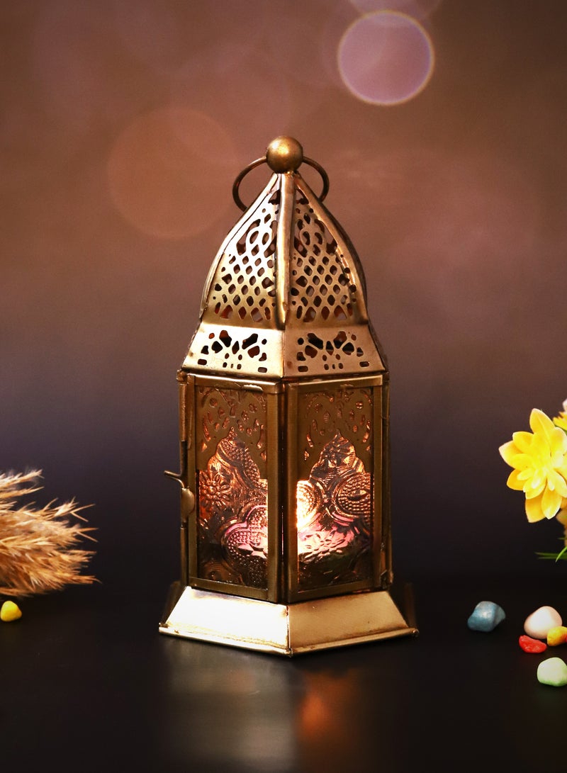 HILALFUL Handmade Decorative Candle Lantern, Small | Suitable for Indoor & Outdoor Décor | Moroccon Arabian Style | For Home Decoration in Ramadan, Eid | Iron | Islamic Gift | Clear Glass - Image 2