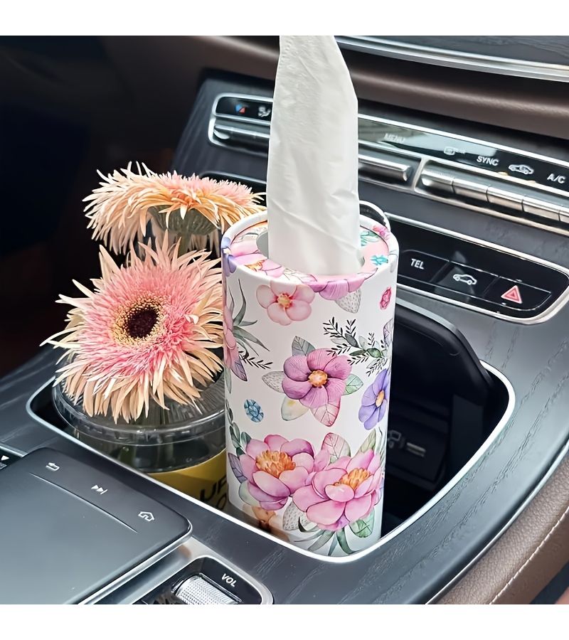 2 Rolls Pink And White Floral Design Cylindrical Car Tissue Paper Towel Tube Hand Wiping Paper For Car Seat Includes Face Towels And Car Tissue Holder Dye Free - Image 2