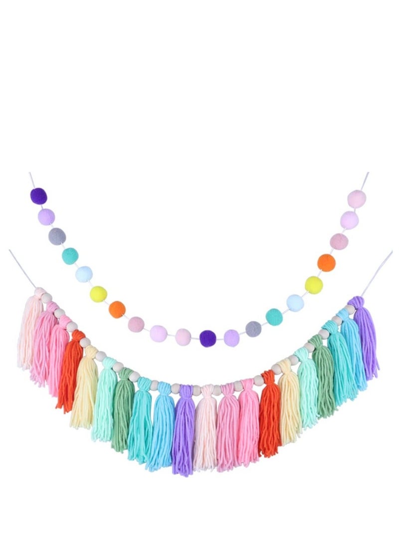 Captaintech Boho Tassel Garland, 2 Pcs Colorful Pom Garlands, Wall Hanging Decor Cotton Rainbow Tassel Garland, Tassel Banner Decorative, for Home Party, Girls Bedroom, Nursery Room, Classroom - Image 1