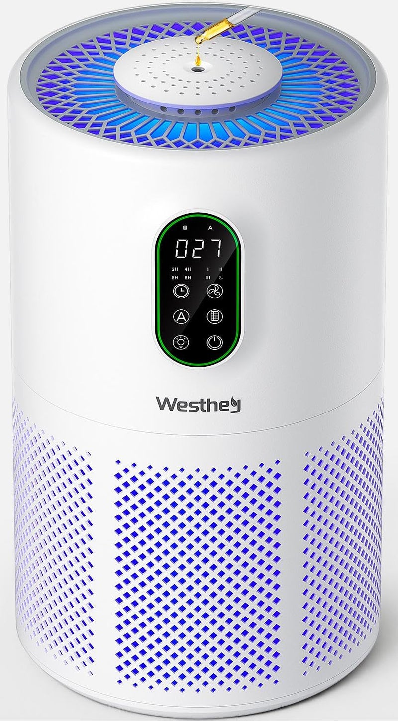 WESTHEY منقيات الهواء للمنزل غرفة كبيرة 1650 قدم مربع مع فلاتر قابلة للغسل، WESTHEY H13 HEPA منقي الهواء مع ضوء محيط متدفق بالعطر، جهاز تنقية الهواء للدخان من حرائق الغابات والغبار وحبوب اللقاح وشعر الحيوانات ورائحة الحيوانات الأليفة - Image 1