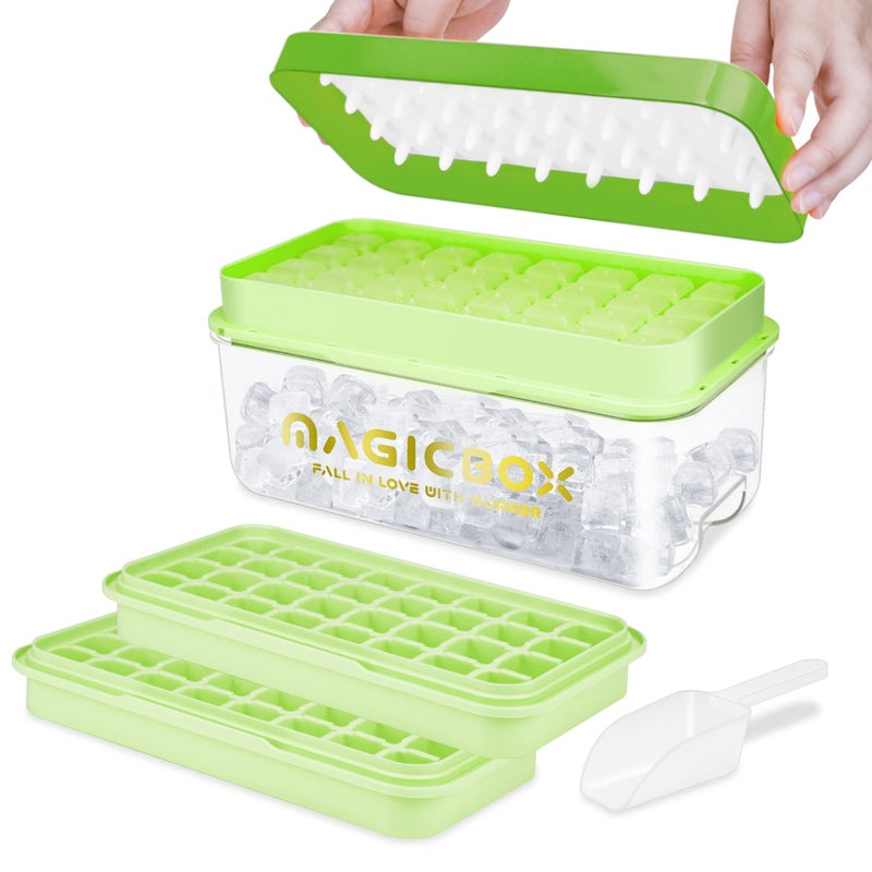 Techshare Ice Cube Tray with Lid FoodGrade Ice Cube Moulds Release All in One Second BPAFree 64 Ice Cube Tray Green