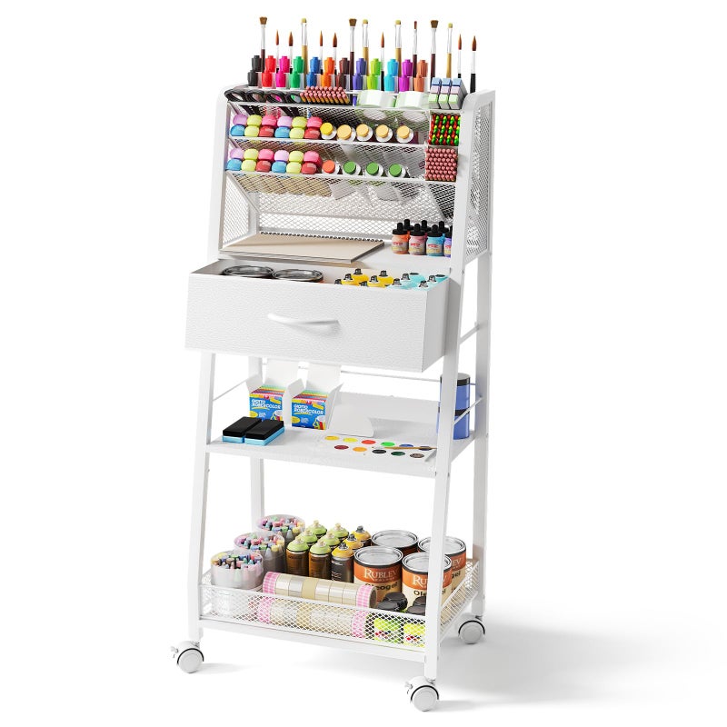 Homsorout Homsorout 3 Tier Rolling Cart  Metal Utility Cart with Storage Drawer and Wheels Versatile Art  Craft Organizer for Home Office or Studio  Ideal for Storing Brushes Paints and SuppliesWhite