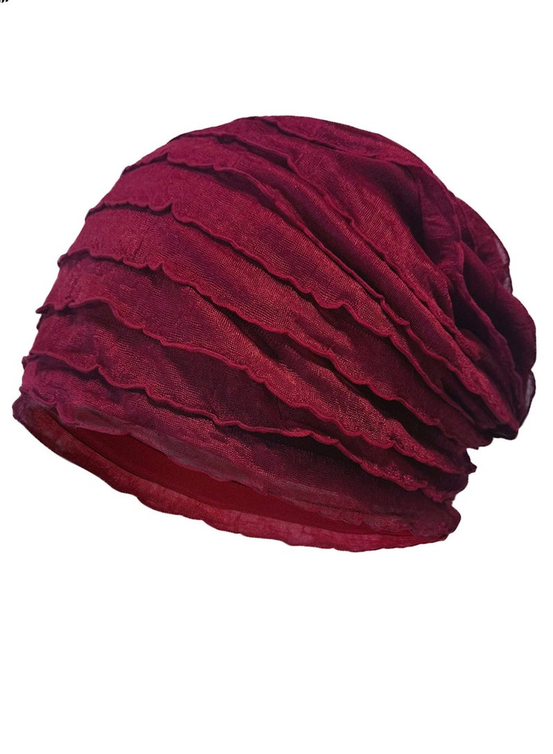 Loquat Infinity Scarf Headwear Cap Multi Layered Pleated Beanie Hat Wine Red 