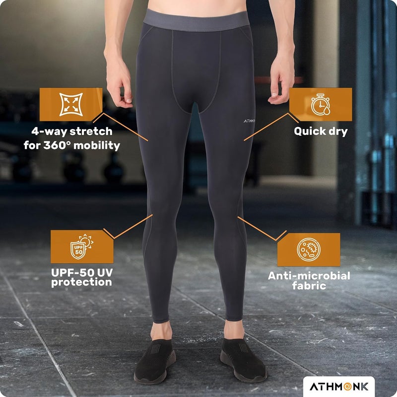 Athmonk Compression Nylon Lycra Lower Leggings Tights Yoga Pants for Men Boys - Workout Gym Exercise Running Cycling Training - Full Leg Sleeves - Cold Weather Sports Inner - Skinny Fit - Image 4