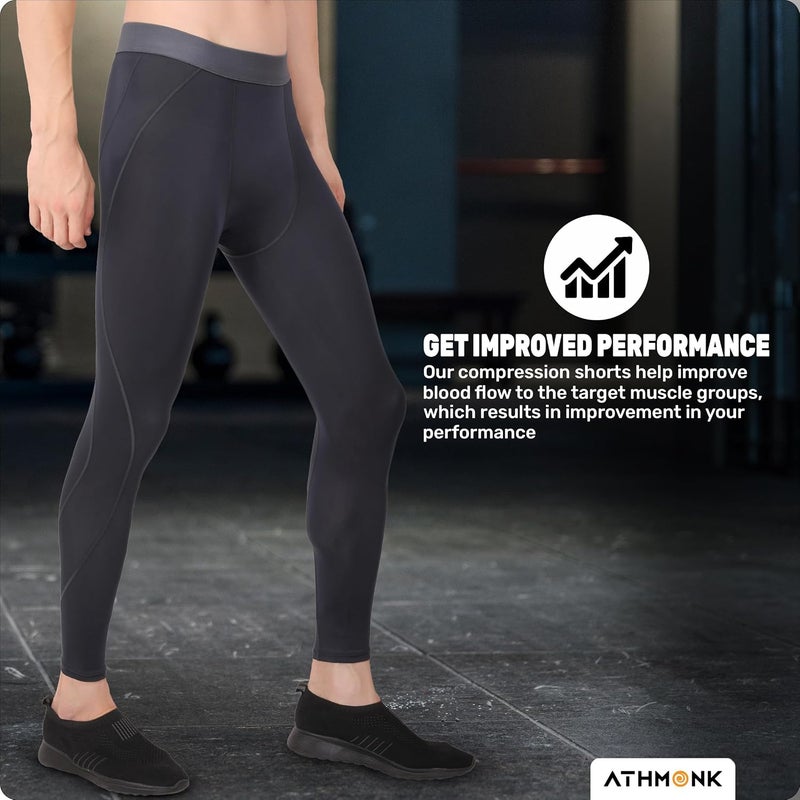 Athmonk Compression Nylon Lycra Lower Leggings Tights Yoga Pants for Men Boys - Workout Gym Exercise Running Cycling Training - Full Leg Sleeves - Cold Weather Sports Inner - Skinny Fit - Image 3