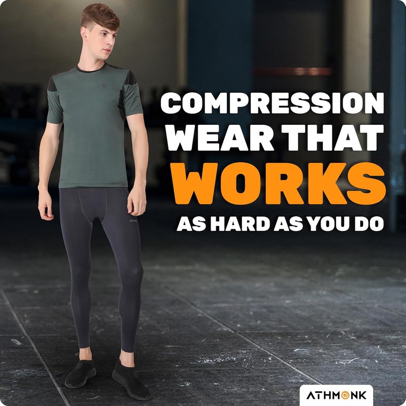 Athmonk Compression Nylon Lycra Lower Leggings Tights Yoga Pants for Men Boys - Workout Gym Exercise Running Cycling Training - Full Leg Sleeves - Cold Weather Sports Inner - Skinny Fit - Image 5