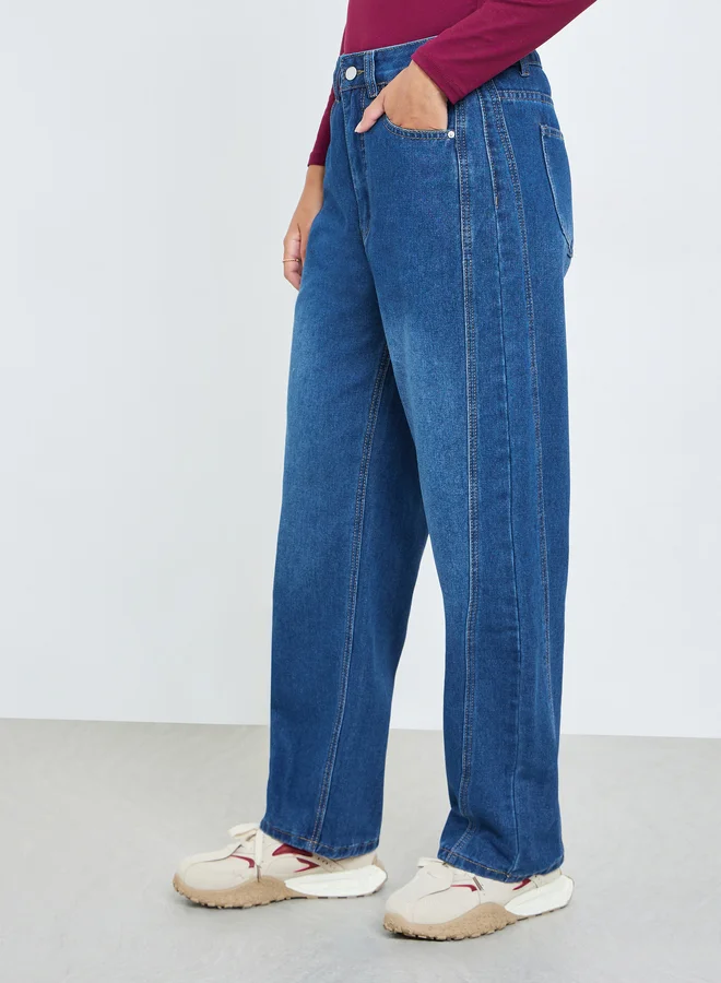 Styli  Women High Rise Relaxed Fit Faded Jeans for Women | Best Price UAE