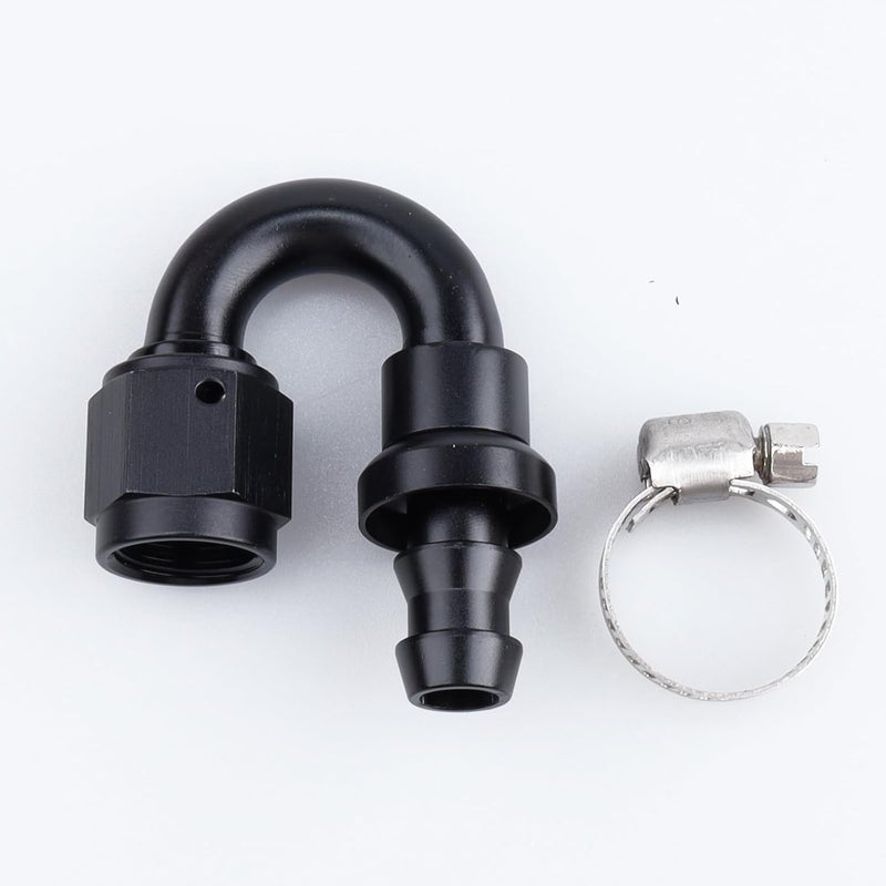 AC PERFORMANCE 180 Degree Female -6 AN to 3/8" Push Lock Hose End Barb Fitting, Black - Image 1
