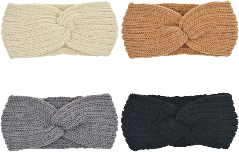 DRESHOW 4 Pack Knitted Hairband Crochet Turban Headband for Women Girls Warm Bulky Crocheted Headwrap