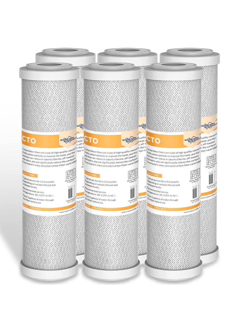 Membrane Solutions 5 Micron 25 x 10 CTO Carbon Block Water Filter Cartridge Replacement for Whole House Filtration Systems Compatible with WFPFC8002 WFPFC9001 FXWTC WHKFWHWC 6Pack