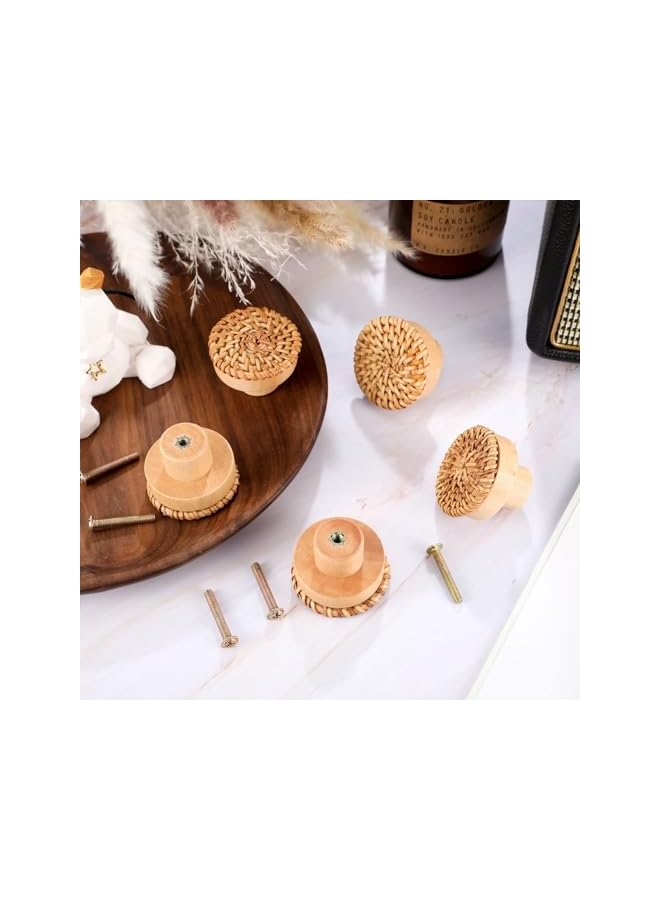 The Bros 4pcs Wooden Drawer Knobs, Rattan Dresser Knobs Round Handmade Wicker Woven and Screws for Boho Furniture Knobs Cabinets Dresser Handles Hardware Pulls Cabinet Knobs (Wood color) - Image 3