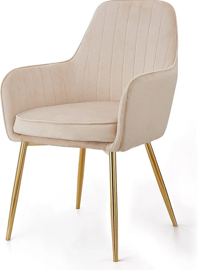 زد إتش للأثاث كرسي طعام حديث مبطن بمسند للذراع – كرسي لهجة بلون بيج بأرجل معدنية ذهبية لغرف الطعام، غرفة المعيشة، المقاهي والمطاعم - Image 1